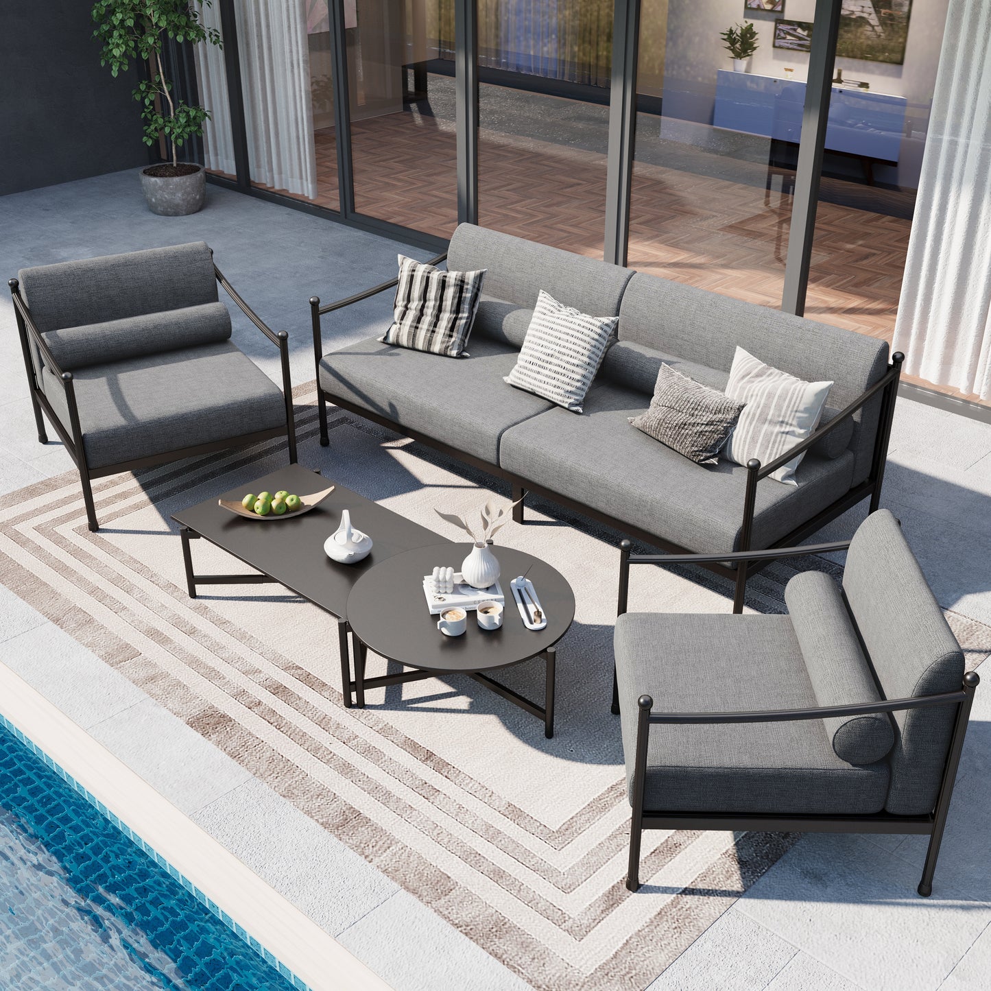 Sophia&William 5 Pieces Outdoor Patio Furniture Set Modern Metal Conversation Set with 28.3" Wider Chairs & Modular Coffee Table & 7.1" Gray Cushions