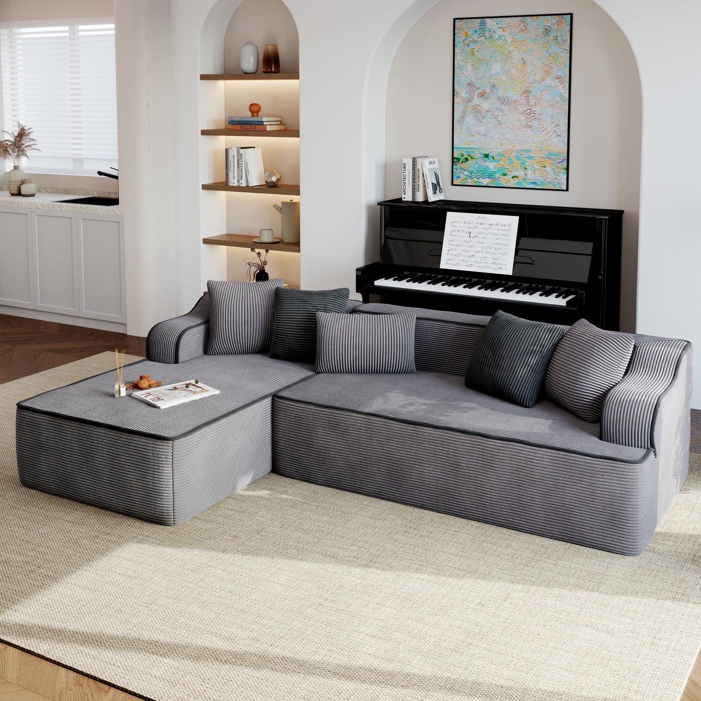 Alpha Joy Convertible Sectional Sofa Couch 3 Seat Modern L-Shaped Sofa Corduroy Compressed Sofa for Living Room