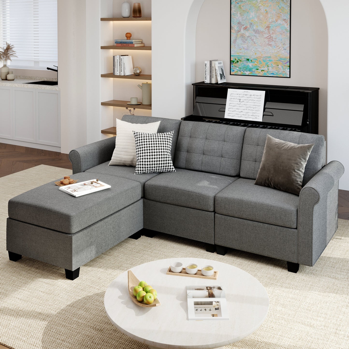 Sophia & William Modular Sectional Sofa with Storage 3-Seat Modern Linen Couch with Ottoman for Living Room, Bedroom, Gray