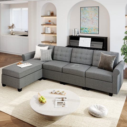 Sophia & William 102.2"L Modular Sectional Sofa with Storage 4-Seat Modern L-shaped Linen Couch with Ottoman & 5.1" Thicken Gray Cushions for Living Room, Bedroom