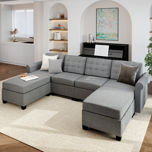 Sophia & William Modular Sectional Sofa with Storage 4 Seat Modern U-shaped Linen Couch with Ottomans & 5.1" Thicken Gray Cushions for Living Room, Bedroom