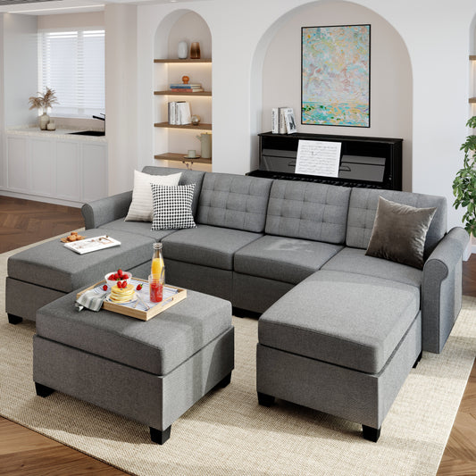 Sophia & William 102.2"L Modular Sectional Sofa with Storage Modern L-shaped Linen Couch with Ottoman & 5.1" Thicken Gray Cushions for Living Room, Bedroom