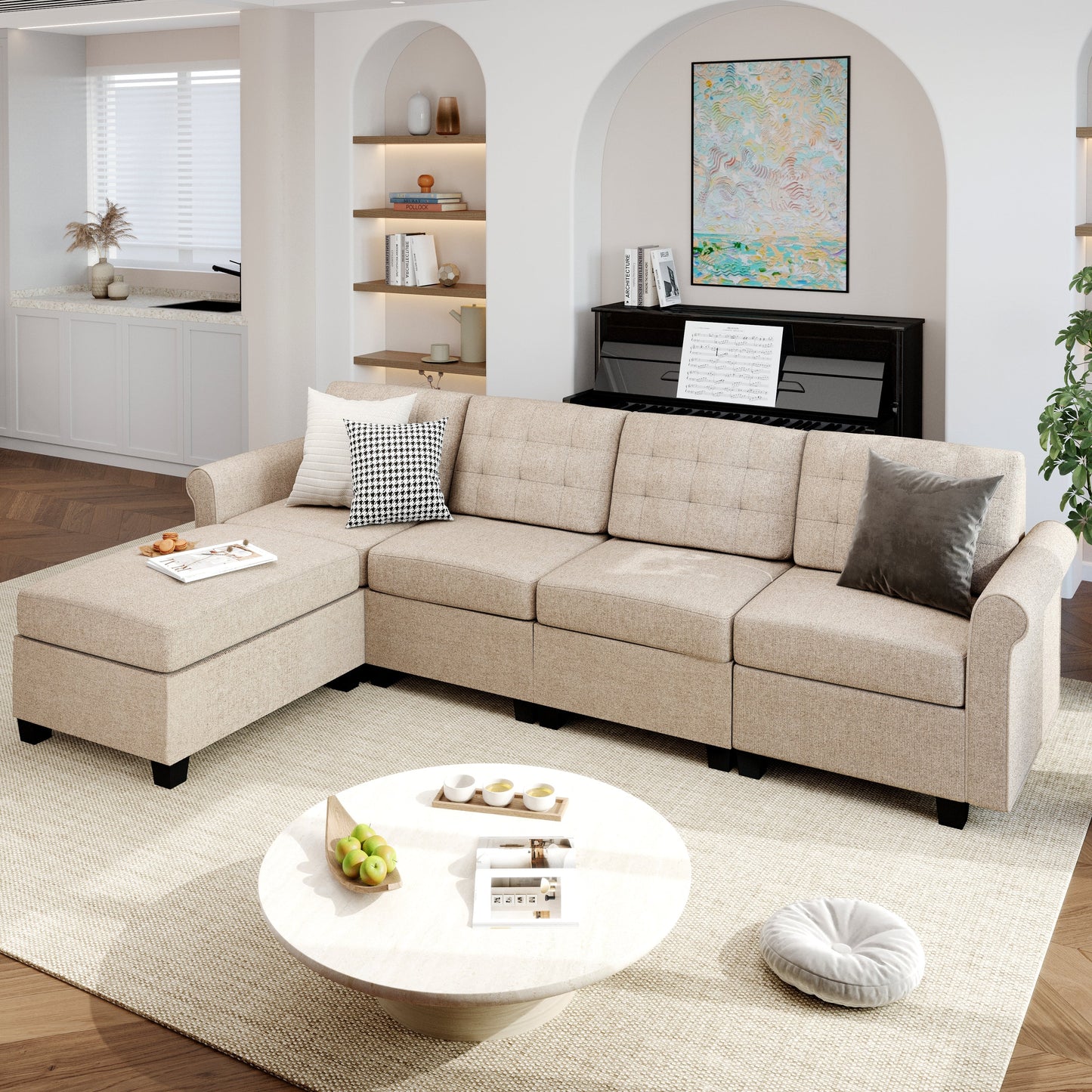 Sophia & William 102.2"L Modular Sectional Sofa with Storage 4 Seat Modern L-shaped Linen Couch with Ottoman & 5.1" Thicken Beige Cushions for Living Room, Bedroom