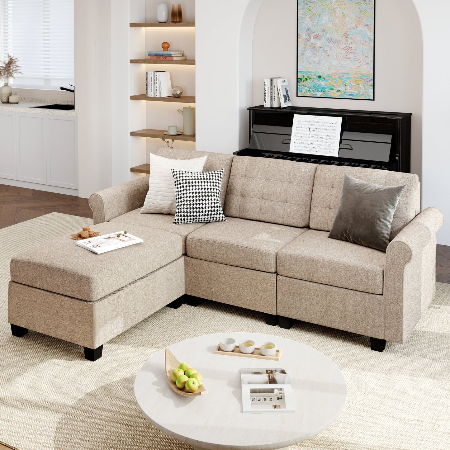 Sophia & William Modular Sectional Sofa with Storage 3 Seat Modern Linen Couch with Ottoman for Living Room, Bedroom, Beige