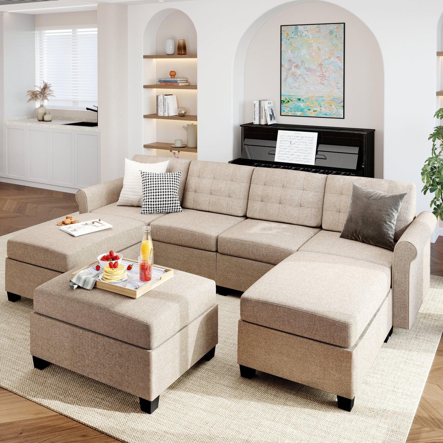 Sophia & William 102.2"L Modular Sectional Sofa with Storage Modern L-shaped Linen Couch with Ottoman & 5.1" Thicken Beige Cushions for Living Room, Bedroom