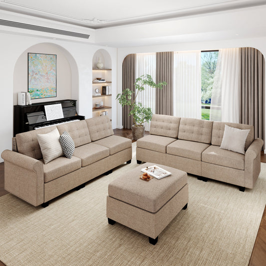 Sophia & William 149.4"L Modular Sectional Sofa with Storage Modern L-shaped Linen Couch with Ottoman & 5.1" Thicken Beige Cushions for Living Room, Bedroom