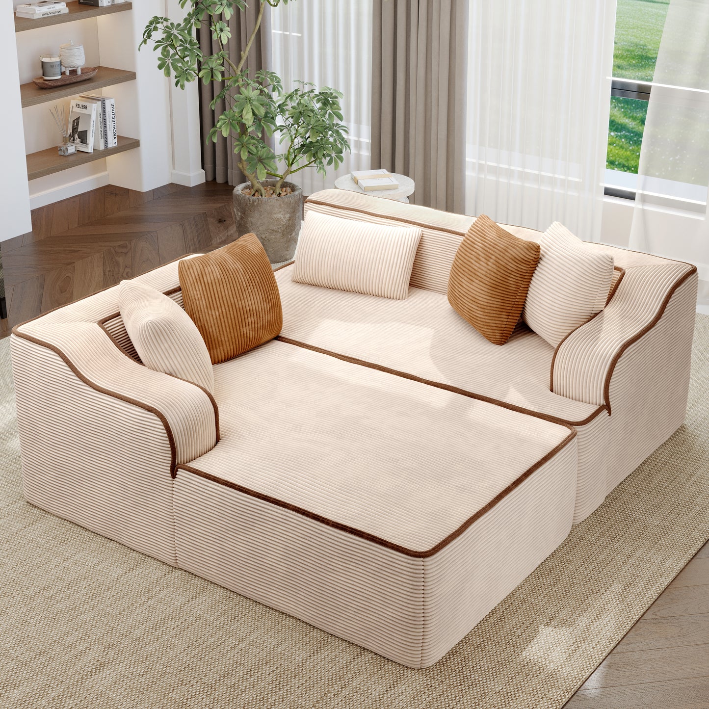 Sophia & William 104" Oversized L-Shaped Sectional Sofa 3 Seat Modern Corduroy Compressed Couch 28.4" Deep Modular Sofa for Living Room, Bedroom, Beige