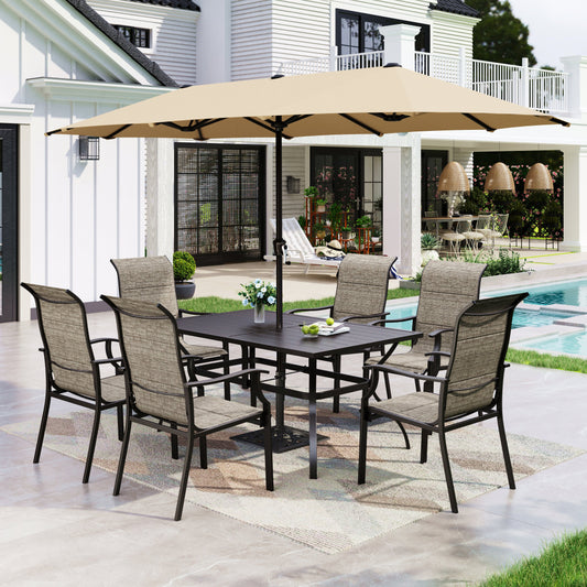 Sophia & William 8-Piece Outdoor Patio Dining Set with 13 ft Beige Umbrella, Padded Textilene Chairs & Rectangle Table for 6