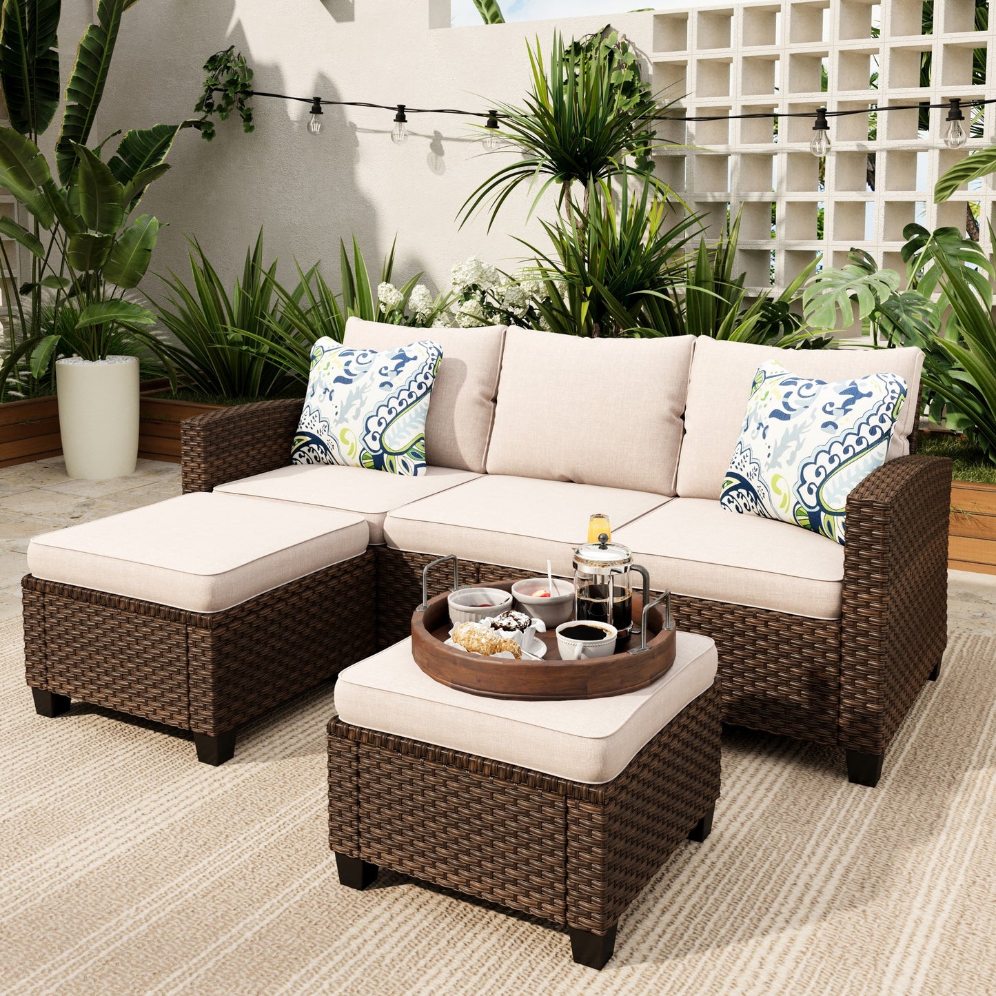 Sophia & William 3 Pieces Wicker Patio Furniture Set Outdoor Couch with 2 Ottomans and Beige Cushions