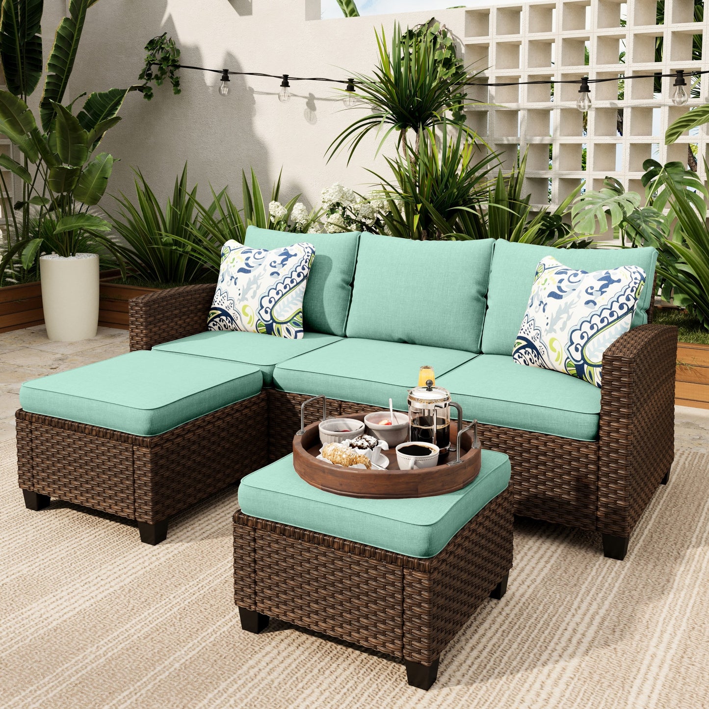 Sophia & William 3 Pieces Wicker Patio Furniture Set Outdoor Couch with 2 Ottomans and Blue Cushions