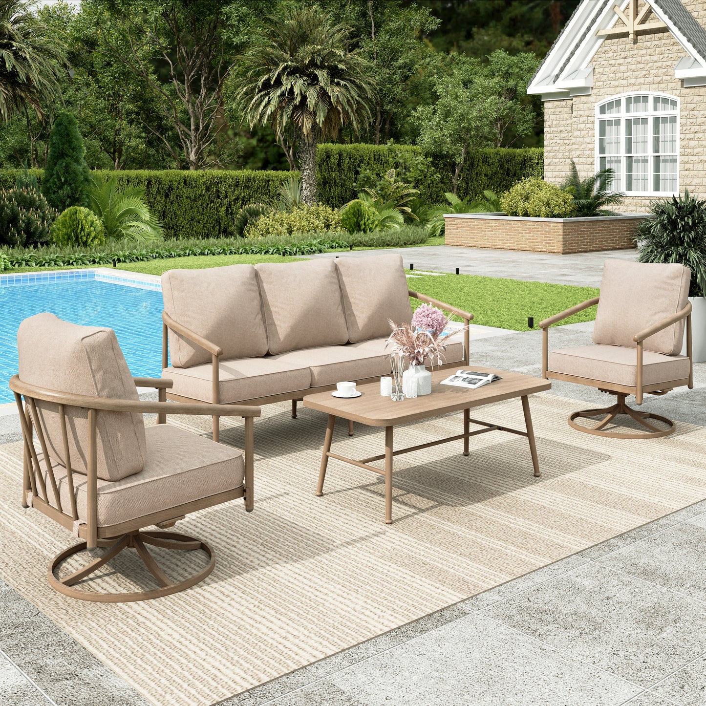 Sophia & William 5-Seat Patio Furniture Set Outdoor Conversation Set Windsor Wood-grain Sofa & Swivel Chairs Funiture Set