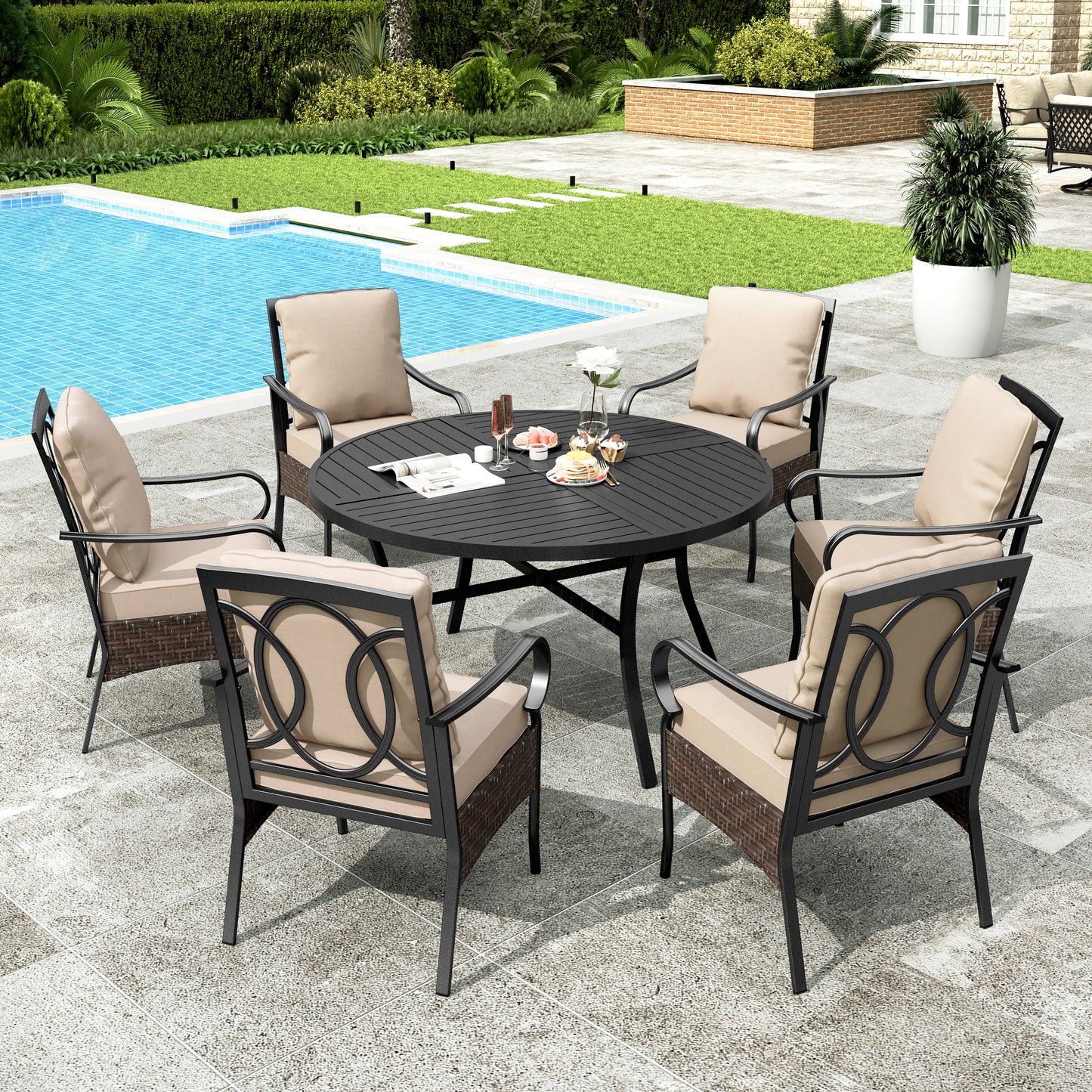 Sophia & William 7Pcs Outdoor Patio Dining Set Metal Cushioned Chairs and 54  Round Table Furniture Set for 6-Person, Beige