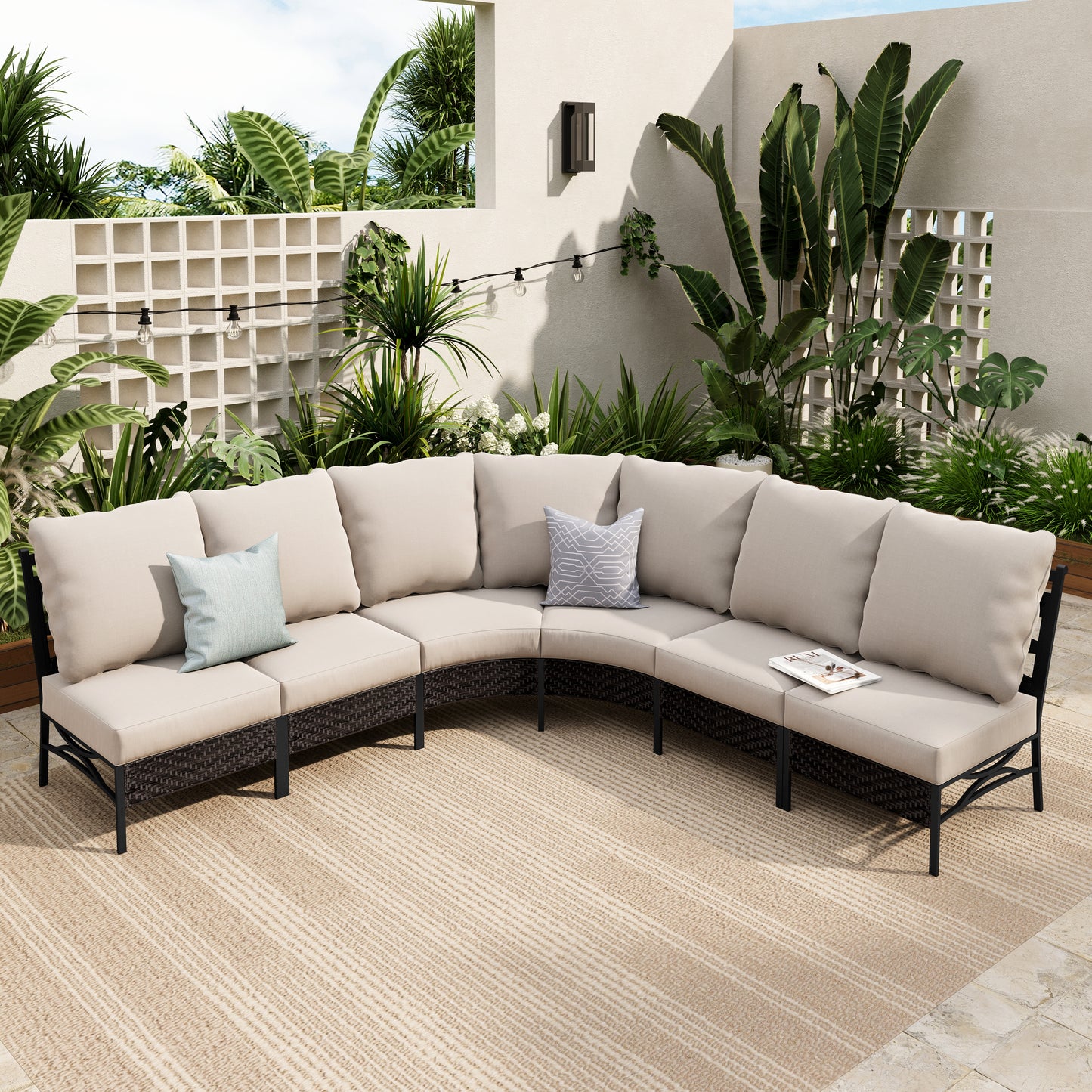 Sophia & William 6 Seat Patio Outdoor Furniture Set Half-Moon Sectional Sofa Metal Conversation Set