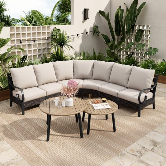 Sophia & William 6 Seat Patio Outdoor Furniture Set Half-Moon Sectional Sofa Metal Conversation Set & 2 Wood-like Coffee Tables