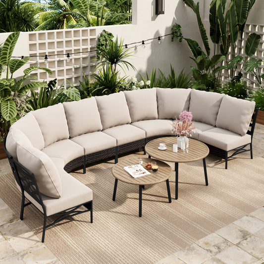 Sophia & William 8 Seat Patio Outdoor Furniture Set Half-Moon Sectional Sofa Metal Conversation Set & 2 Wood-like Coffee Tables