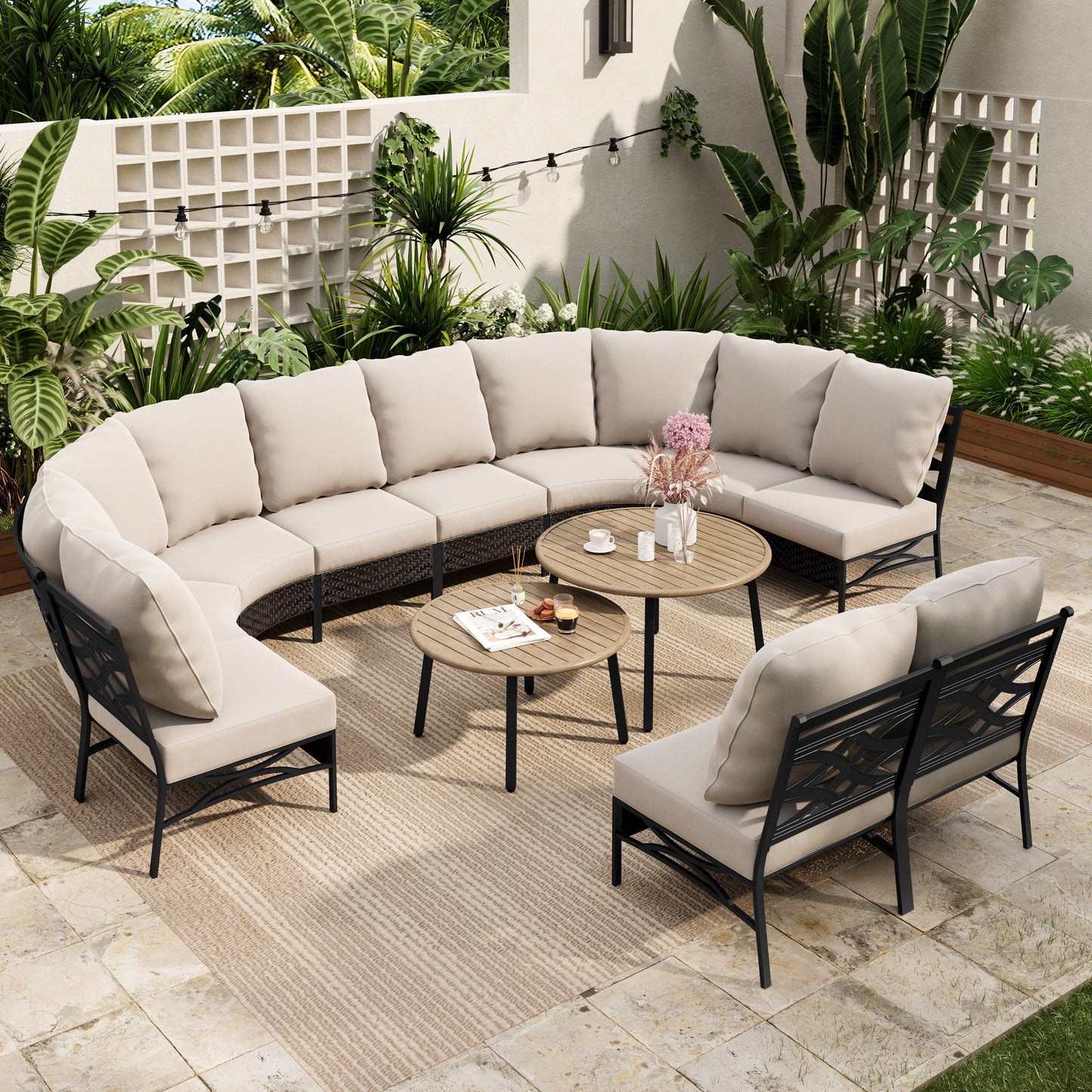 Sophia & William 10 Seat Patio Outdoor Furniture Set Half-Moon Sectional Sofa Metal Conversation Set & 2 Wood-like Coffee Tables