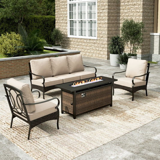 Sophia & William 4 Piece Patio Outdoor Metal Conversation Set 5-Seat Wicker Rattan Furniture Set with 56" Fire Pit Table