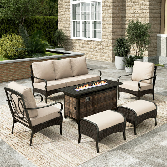 Sophia & William 6 Piece Outdoor Conversation Set 7-Seat Steel Patio Wicker Rattan Furniture Set with 56" Fire Pit Table