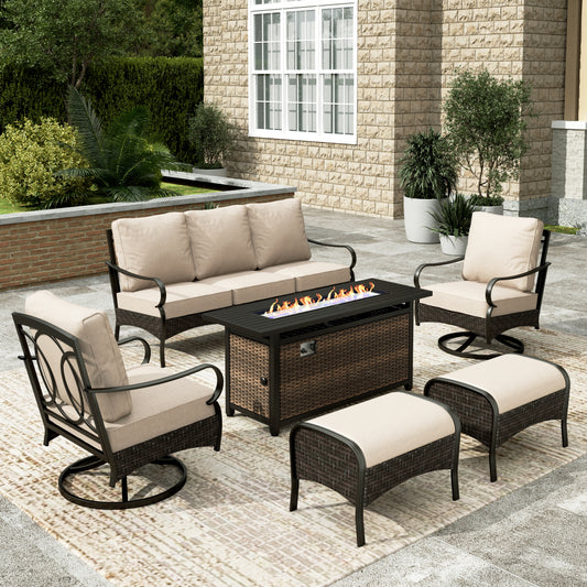 Sophia & William 6 Piece Steel Patio Outdoor Furniture Set 7 Seats Conversation Set with 56" Fire Pit Table and Swivel Sofa Chairs