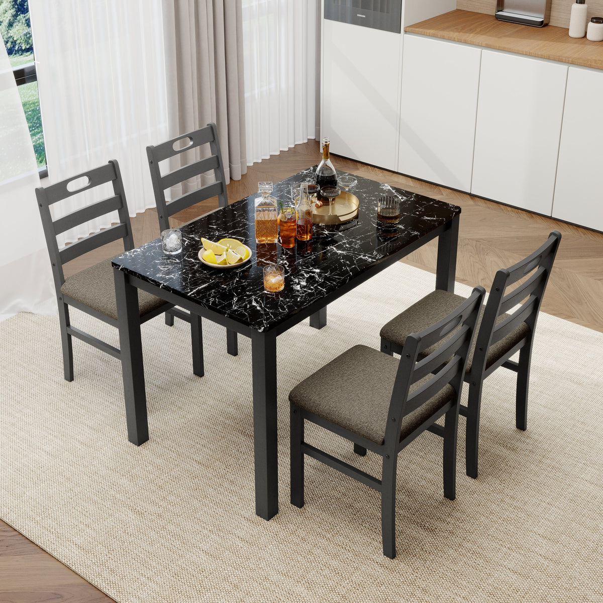 Alpha Joy Farmhouse Dining Table Set for 4, Faux Marble Rectangular Table with Solid Wood Paded Chairs