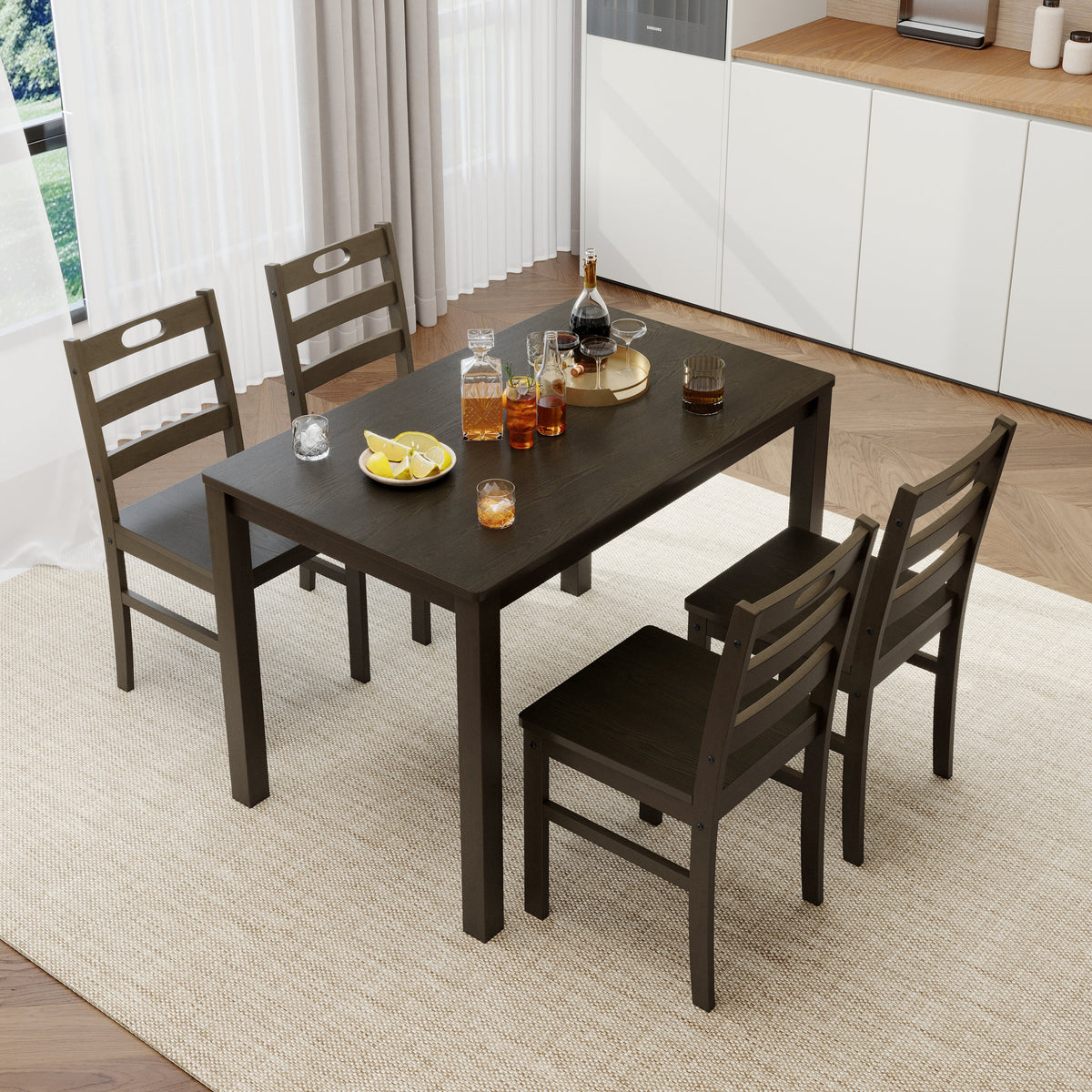 Alpha Joy Farmhouse Dining Table Set for 4 Solid Wood Kitchen Chairs and Table Set, Dark Walnut