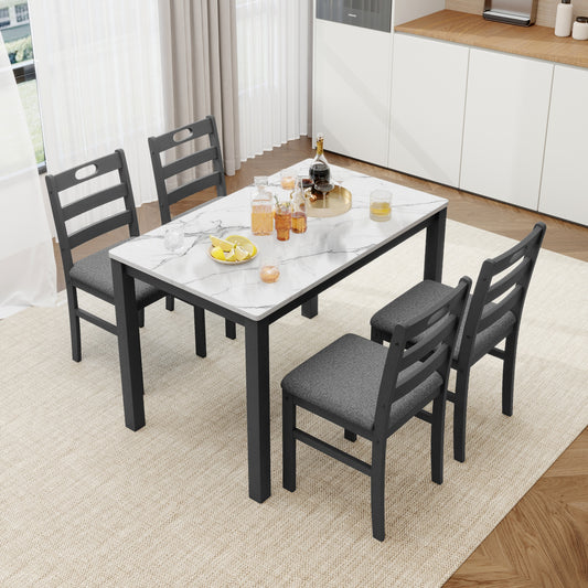 Alpha Joy Farmhouse Dining Table Set for 4, Faux Marble Rectangular Table with Solid Wood Paded Chairs
