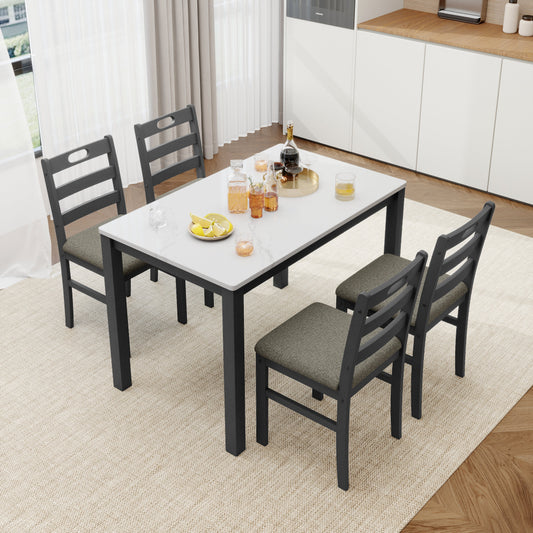 Alpha Joy Farmhouse Dining Table Set for 4, Faux Marble Rectangular Table with Solid Wood Paded Chairs