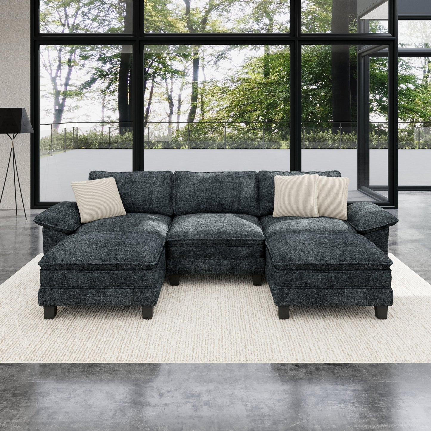 Sophia&William 123.6"L Convertible Chenille Sectional Sofa Couch, Modern 5-Seat Deep Sofa Modular with 3 Pillows & 2 Ottomans, Pillows for Living Room,Blue