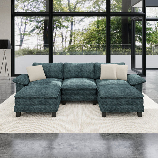 Sophia&William 123.6"L Convertible Chenille Sectional Sofa Couch, Modern 5-Seat Deep Sofa Modular with 3 Pillows & 2 Ottomans, Pillows for Living Room,Green