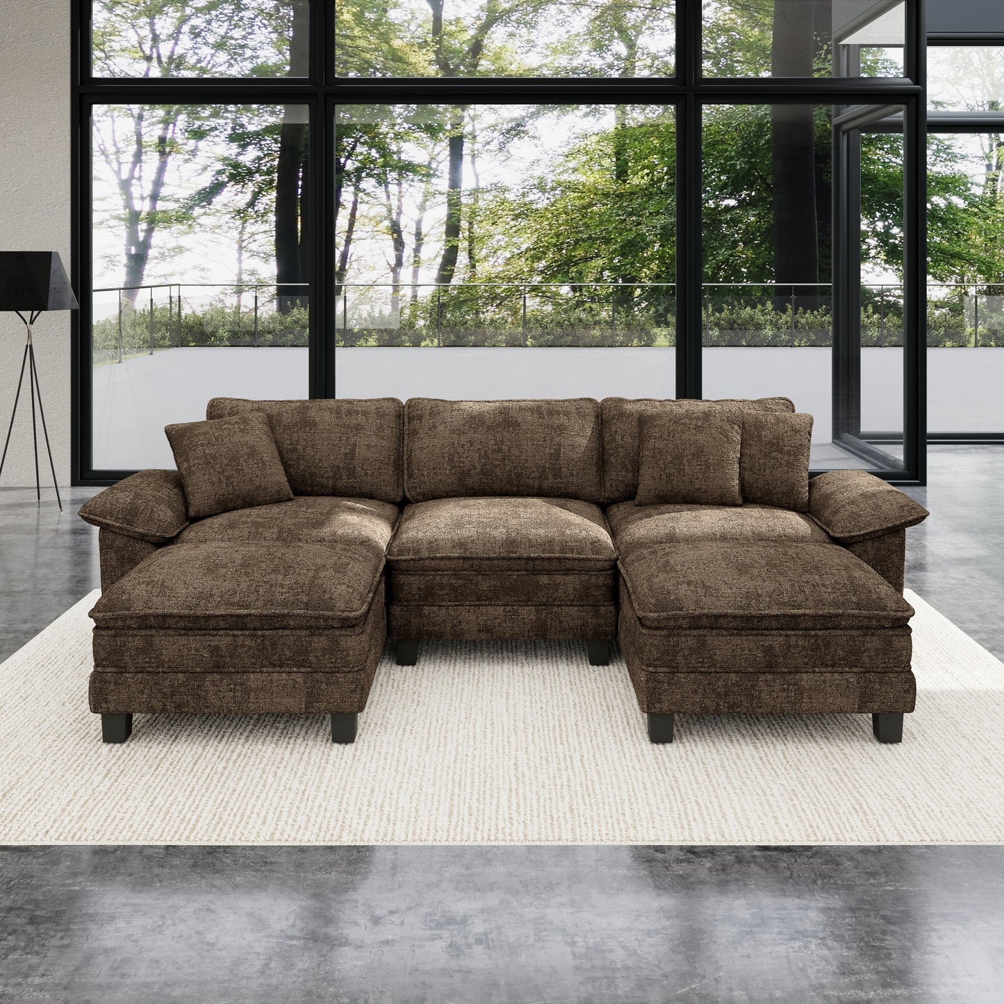 Sophia&William 123.6"L Convertible Chenille Sectional Sofa Couch, Modern 5-Seat Deep Sofa Modular with 3 Pillows & 2 Ottomans, Pillows for Living Room,Brown