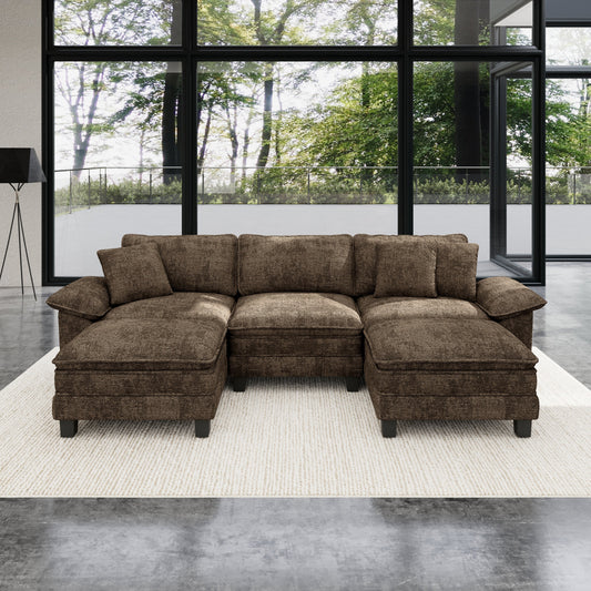 Sophia&William 123.6"L Convertible Chenille Sectional Sofa Couch, Modern 5-Seat Deep Sofa Modular with 3 Pillows & 2 Ottomans, Pillows for Living Room,Brown
