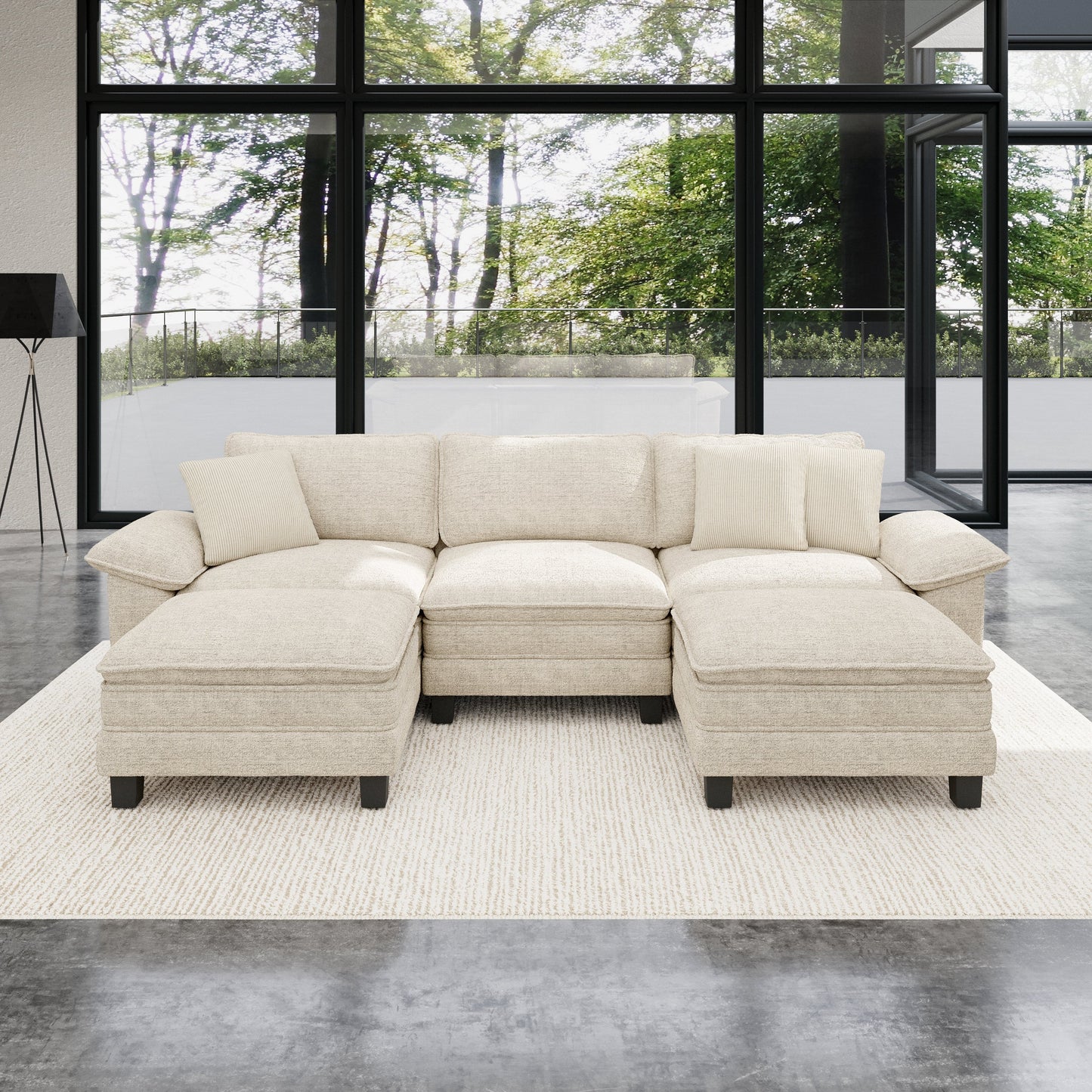 Sophia&William 123.6"L Convertible Chenille Sectional Sofa Couch, Modern 5-Seat Deep Sofa Modular with 3 Pillows & 2 Ottomans, Pillows for Living Room,White