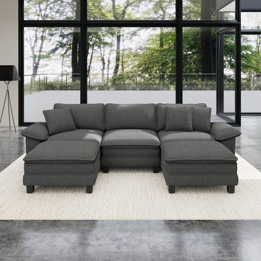 Sophia&William 123.6"L Convertible Corduroy Sectional Sofa Couch, Modern 5-Seat Mudolar Couch with Ottomans, Pillows for Living Room,Gray