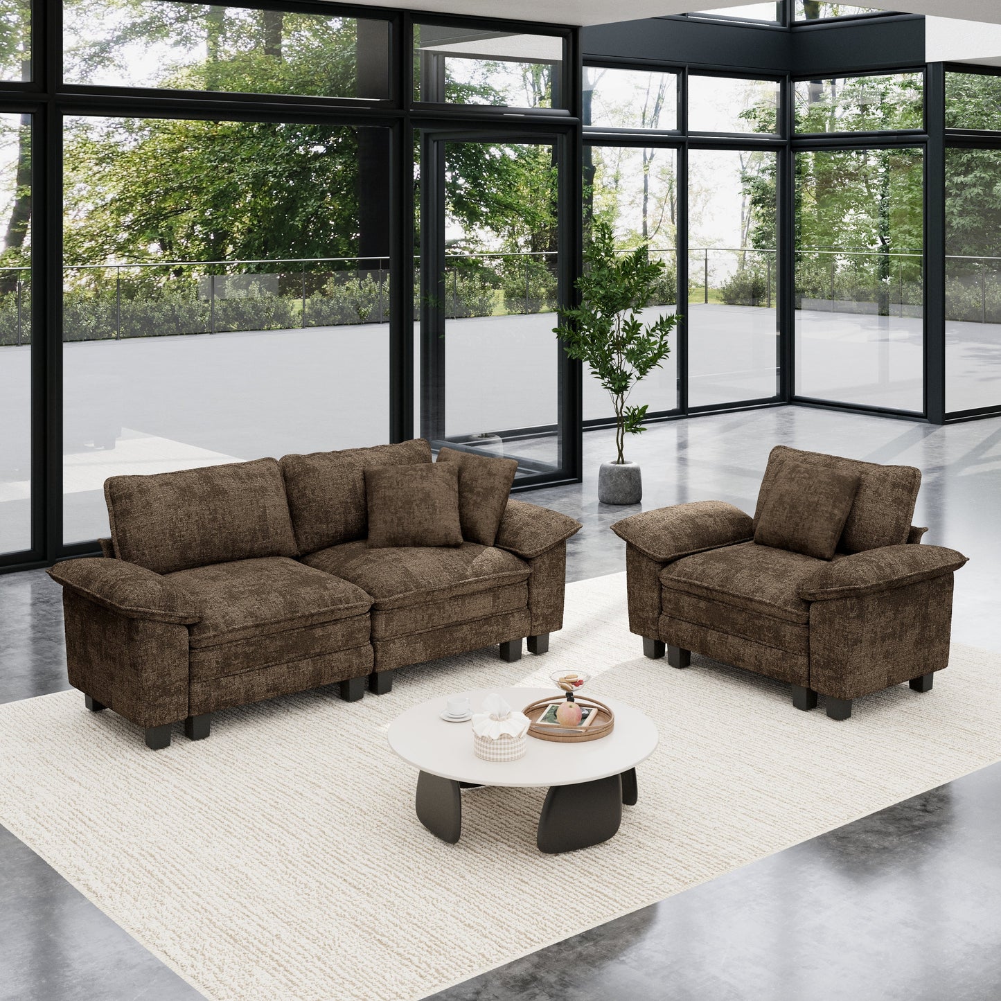 Sophia&William 3-Seat Convertible Sectional Sofa Couch, Modern Chenille Cloud Couch Sofa Modular Sectional with 3 Pillows for Living Room,Brown