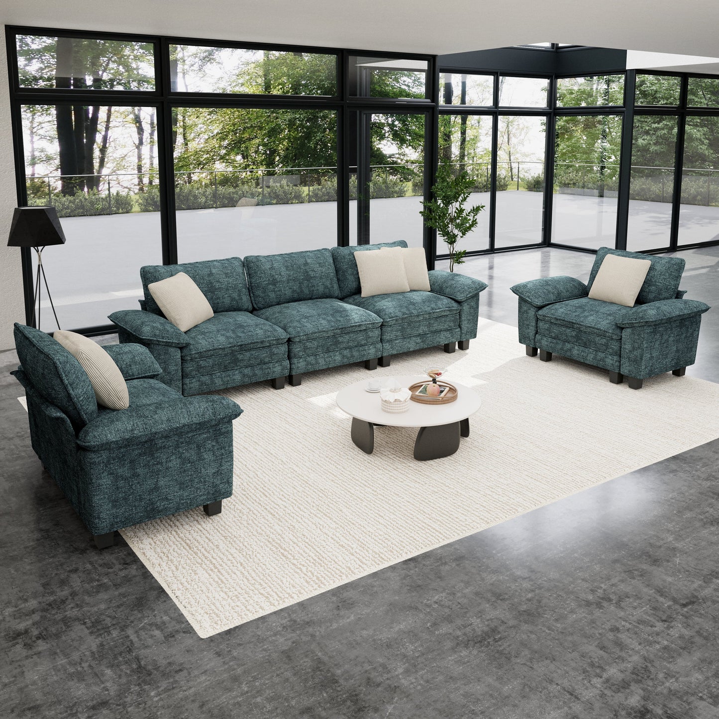 Sophia&William 123.6"L Convertible Sectional Sofa Couch, Modern Chenille Couch 5-Seat 24.4"W Deep Sofa Sectional with 5 Pillows for Living Room,Green
