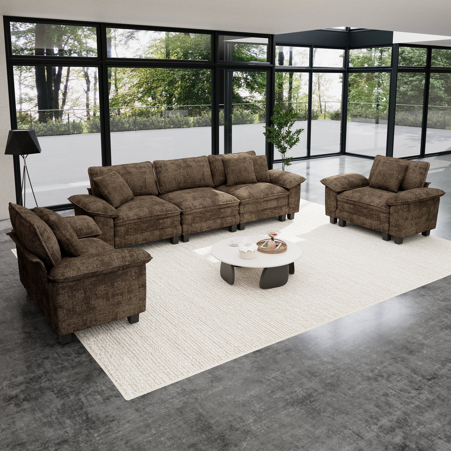Sophia&William 123.6"L Convertible Sectional Sofa Couch, Modern Chenille Couch 5-Seat 24.4"W Deep Sofa Sectional with 5 Pillows for Living Room,Brown