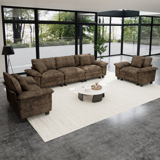 Sophia&William 123.6"L Convertible Sectional Sofa Couch, Modern Chenille Couch 5-Seat 24.4"W Deep Sofa Sectional with 5 Pillows for Living Room,Brown