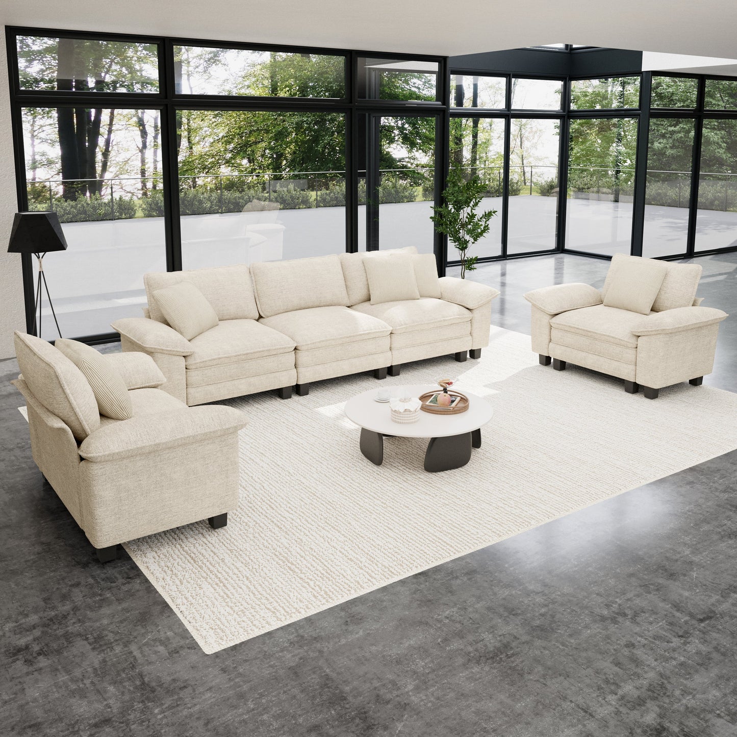 Sophia&William 123.6"L Convertible Sectional Sofa Couch, Modern Chenille Couch 5-Seat 24.4"W Deep Sofa Sectional with 5 Pillows for Living Room,White