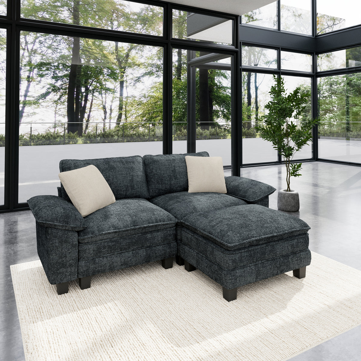 Sophia&William L-shaped Modular Sectional Sofa, 3-Seater Chenille Cloud Couch Sofa Set with Deep Seat & 2 Pillows & Ottoman for Living Room, Apartment, Blue