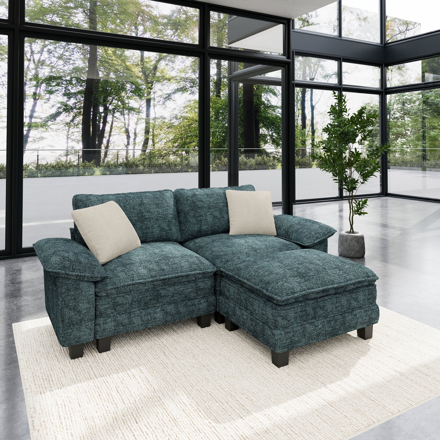 Sophia&William L-shaped Convertible Sectional Sofa Couch, Modern Chenille Couch Cloud Deep Seat Sofa Modular with 2 Pillows & Ottoman for Living Room, Apartment, Green