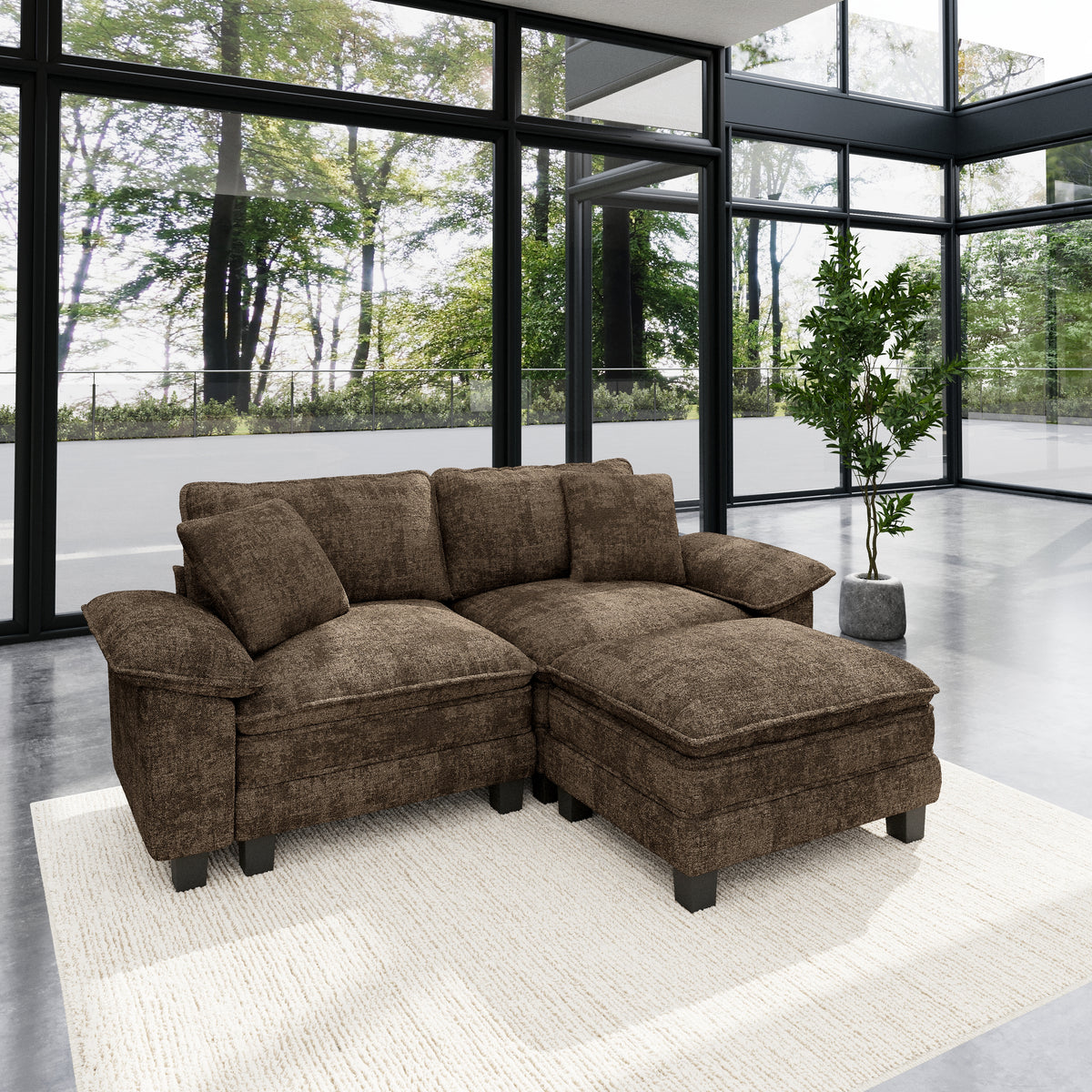 Sophia&William L-shaped Modular Sectional Sofa, 3-Seater Chenille Cloud Couch Sofa Set with Deep Seat & 2 Pillows & Ottoman for Living Room, Apartment, Grayish Brown