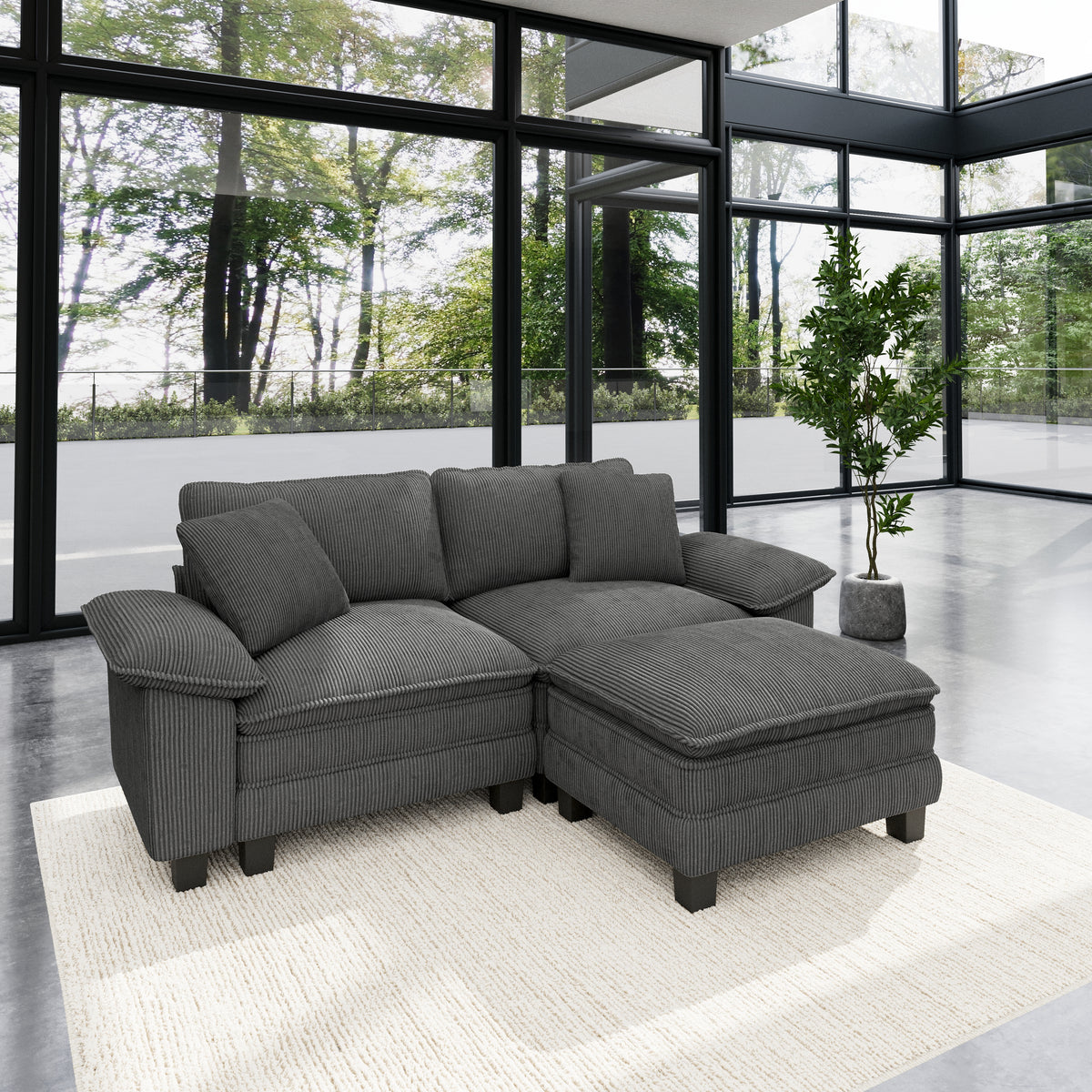 Sophia&William L-shaped Modular Sectional Sofa, 3-Seater Corduroy Cloud Couch Sofa Set with Deep Seat & 2 Pillows & Ottoman for Living Room, Apartment, Gray