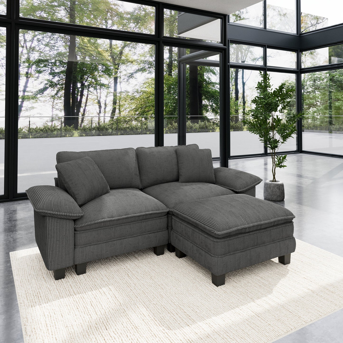 Sophia&William L-shaped Convertible Sectional Sofa Couch, Modern Corduroy Cloud Couch Deep Seat with 2 Pillows & Ottoman for Living Room, Apartment, Gray
