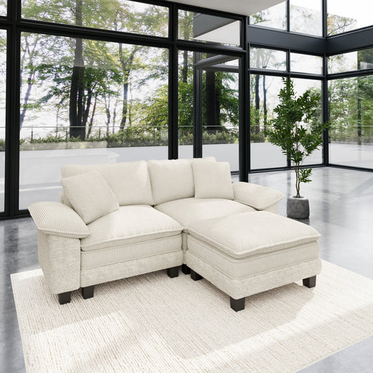 Sophia&William L-shaped Convertible Sectional Sofa Couch, Modern Chenille Couch Cloud Deep Seat Sofa Modular with Corduroy Frame & 2 Pillows & Ottoman for Living Room, Apartment, White