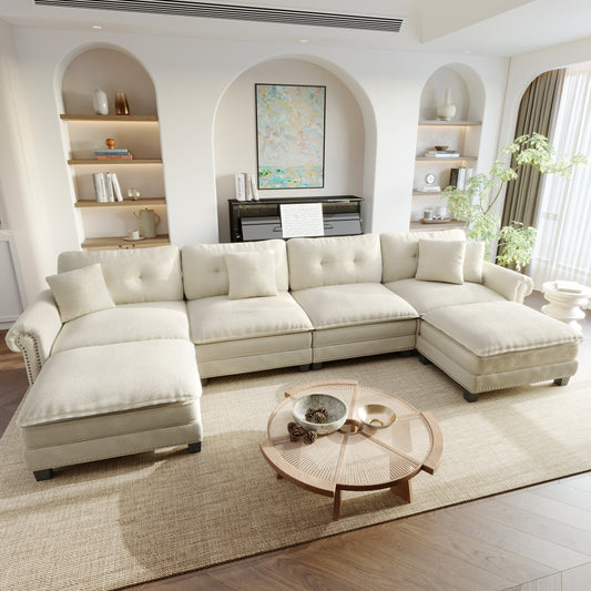 Sophia&William Sectional Sofa Set, U-shaped Chenille Cloud Couch 6-Seat Retro Nailhead Trim Modular Sofa with 4 Pillows for Living Room, White