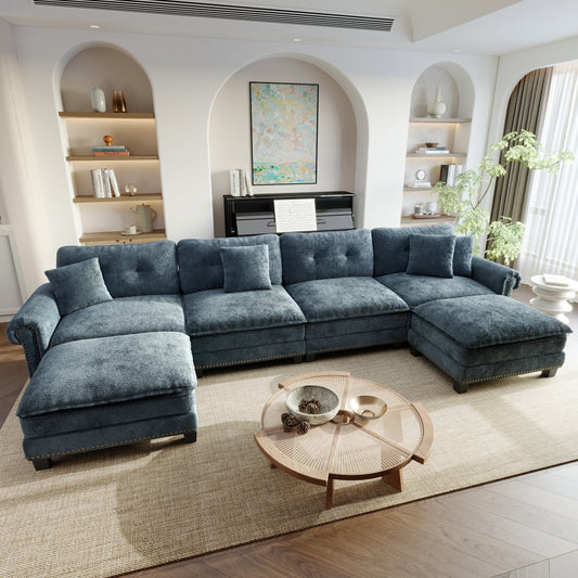 Sophia&William Sectional Sofa Set, Modern Chenille Cloud Couch 6-Seat Retro Nailhead Trim Modular Sofa with 4 Pillows for Living Room, Blue