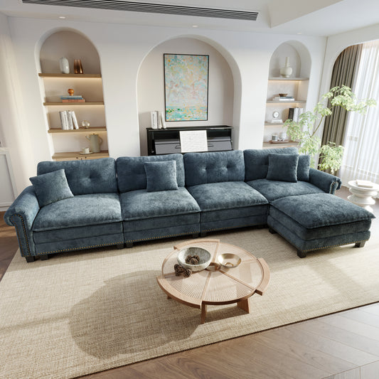 Sophia&William Sectional Sofa Set, Modern Chenille Cloud Couch 5-Seat Nailhead Trim Modular Sofa with 4 Pillows for Living Room, Blue