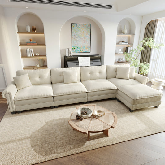 Sophia&William Sectional Sofa Set, L-shaped Chenille Cloud Couch 5-Seat Nailhead Trim Modular Sofa with 4 Pillows for Living Room, White