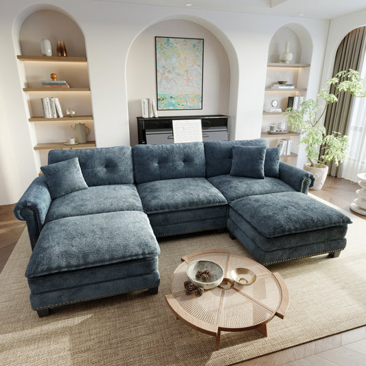 Sophia&William Sectional Sofa Set, Modern Chenille Cloud Couch 5-Seat Nailhead Trim Modular Sofa with 3 Pillows for Living Room, Blue