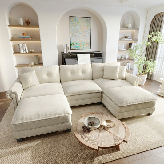Sophia&William Sectional Sofa Set, U-shaped Chenille Cloud Couch 5-Seat Nailhead Trim Modular Sofa with 3 Pillows for Living Room, White